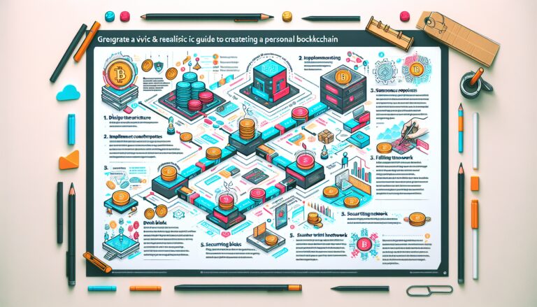 Create Your Own Blockchain with These Simple Steps: An image idea that portrays a step-by-step guide to creating a personal blockchain. The image consists of simplified visual representations showcasing key stages, such as designing the architecture, implementing consensus protocols, adding blocks, and securing the network. Each step is accompanied by succinct descriptions, empowering individuals to understand and embark on their blockchain creation journey effortlessly.