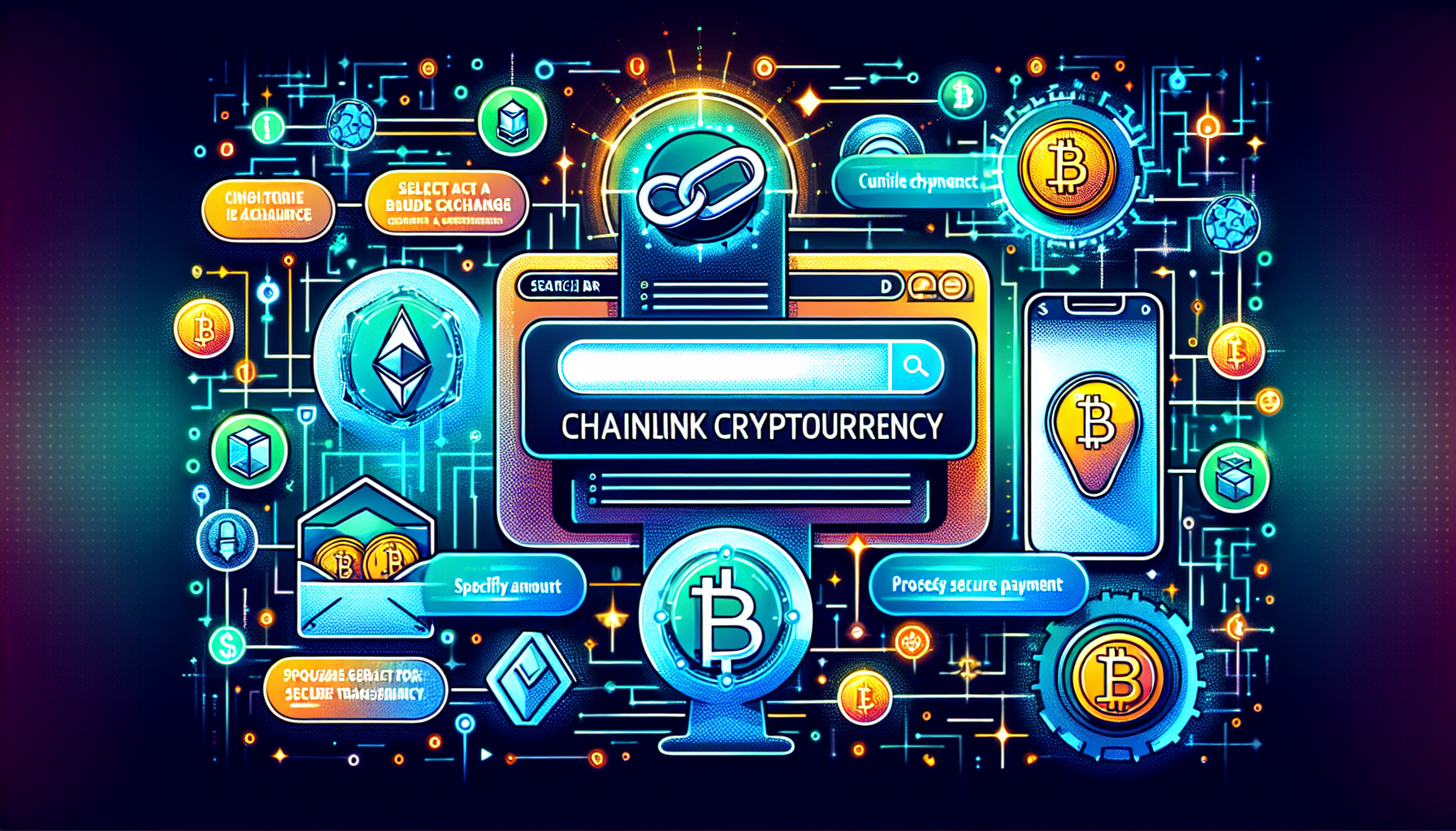 A visually appealing image idea for "How to Easily Buy Chainlink Cryptocurrency" could feature a conceptual representation of a simplified online buying process. The image portrays a user-friendly interface on a desktop or mobile device, displaying a prominent search bar with the words "Chainlink Cryptocurrency." Below the search bar, a series of steps or icons illustrate the ease of the buying process, such as "Choose a reliable exchange," "Enter desired amount," "Make a secure payment," and "Confirm the transaction." Additionally, including the Chainlink logo or symbol alongside the steps can enhance the visual connection to the cryptocurrency being discussed.