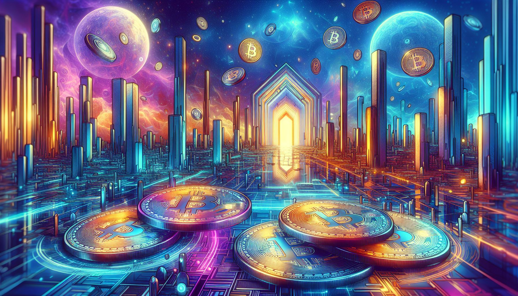 Invest in Metaverse Crypto: A Lucrative Opportunity - An artistic display showcasing the surreal world of the metaverse, with vibrant digital landscapes and futuristic architectural elements. Amidst this virtual realm are shining crypto coins, symbolizing the incredible potential for lucrative investments in the metaverse industry. The image depicts an enticing gateway into a thrilling new dimension, inviting viewers to explore the world of metaverse crypto and seize the profitable opportunities it presents.