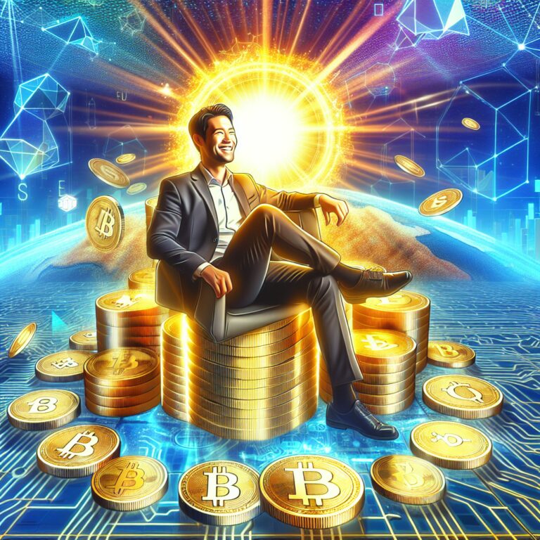 Earn Passive Income with Stake in Crypto - This captivating image idea showcases a futuristic and vibrant depiction of a person sitting comfortably on a pile of golden crypto symbols, representing the concept of earning passive income through staking in cryptocurrencies. The individual radiates confidence and happiness, surrounded by a digital landscape of transparent blockchain technology and a rising sun symbolizing financial growth. This striking visual highlights the potential for individuals to generate continuous income streams by simply leveraging their crypto assets through staking, making it an ideal choice for illustrating the concept of earning passive income in the crypto world.