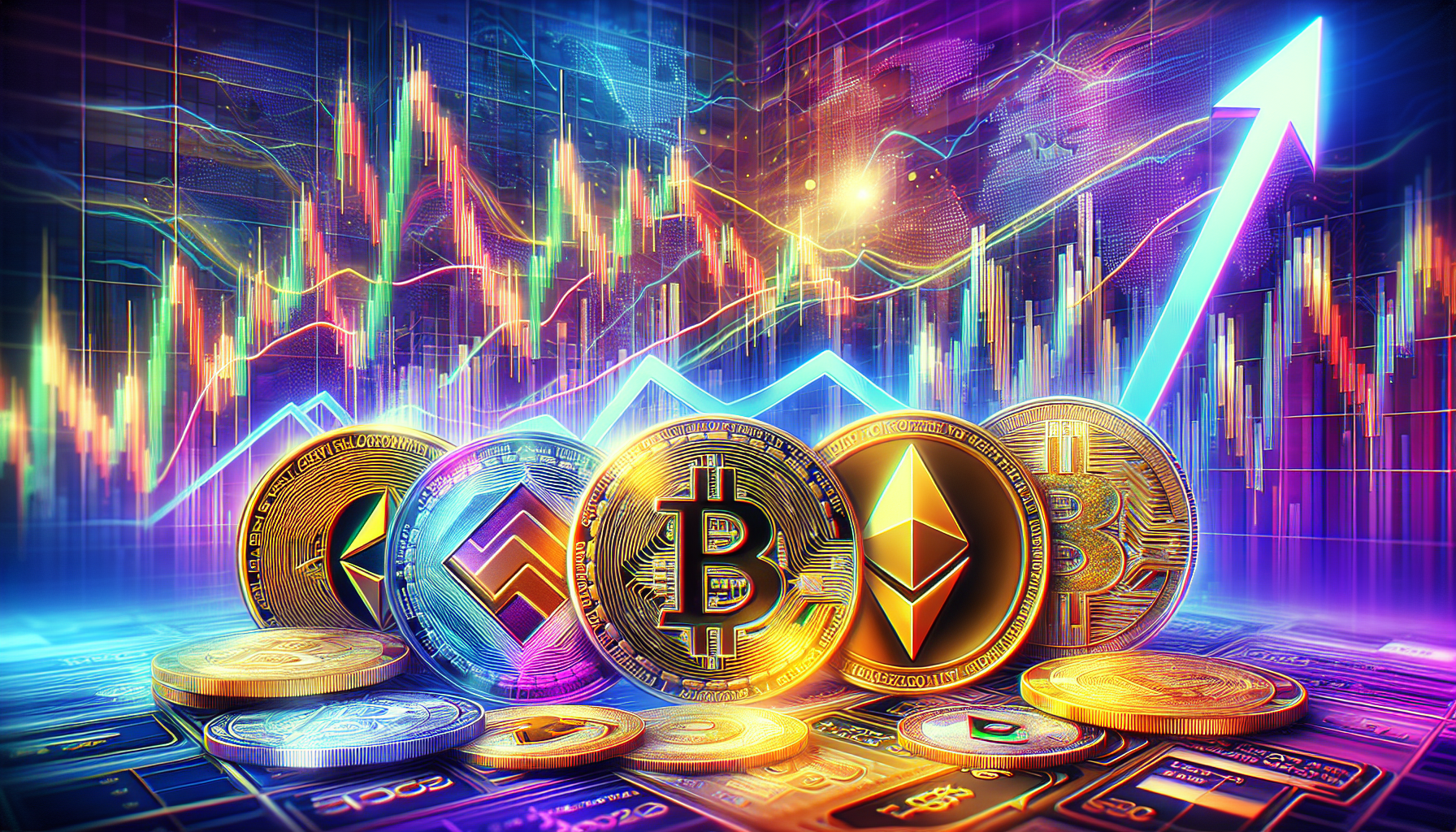 Maximize Your Earnings with Crypto Trading: An image depicting a vibrant and dynamic cryptocurrency market, with various digital currencies displayed against a backdrop of rising financial charts. The image showcases the potential for increased earnings through crypto trading and invites viewers to explore this lucrative opportunity.