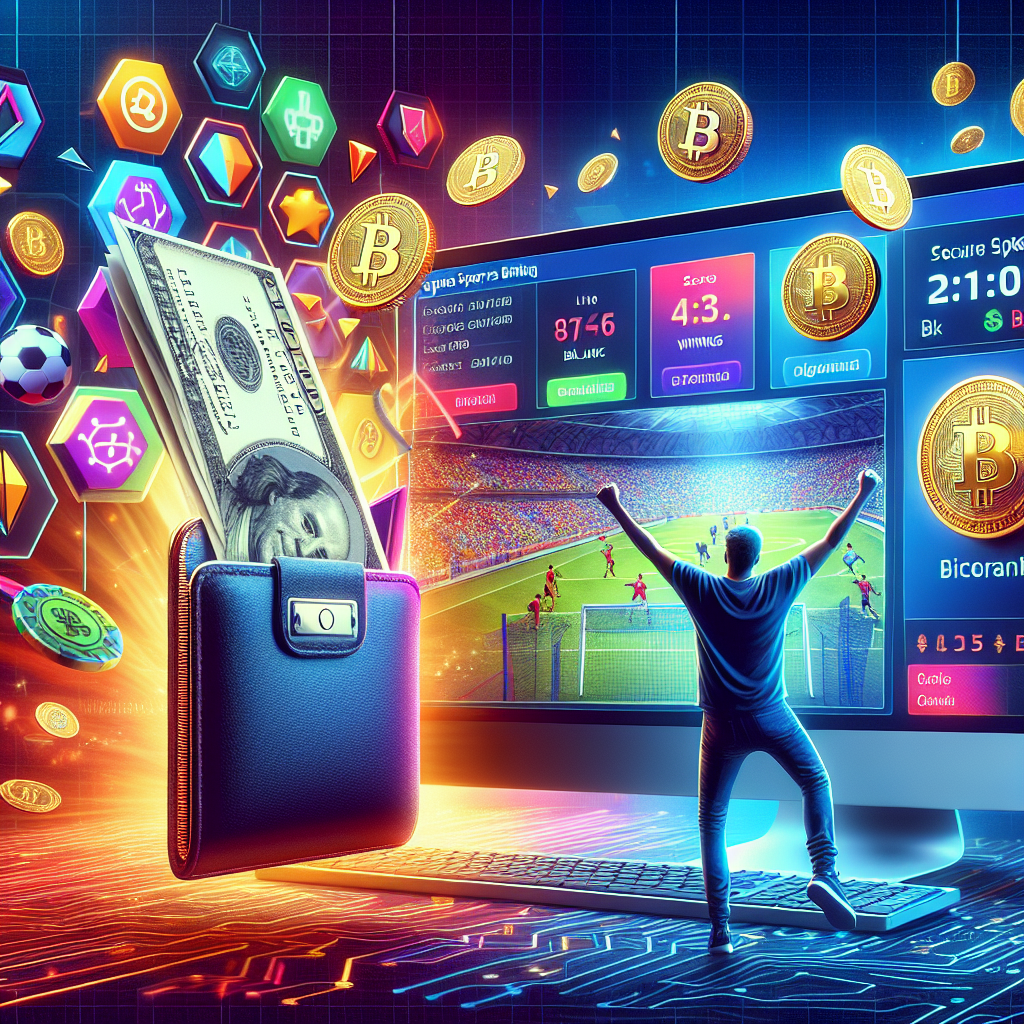 An image idea summarizing "Maximize Your Winnings with Crypto Sports Betting": A vibrant image displaying a computer screen with an online crypto sports betting platform. The screen showcases dynamic live sports events, cryptocurrency symbols, and a high balance showcasing impressive winnings. In the foreground, an individual excitedly celebrates with hands raised in victory while holding a digital wallet displaying crypto logos. This image encapsulates the thrilling potential of maximizing earnings through safe and secure betting with cryptocurrencies in the sports realm.