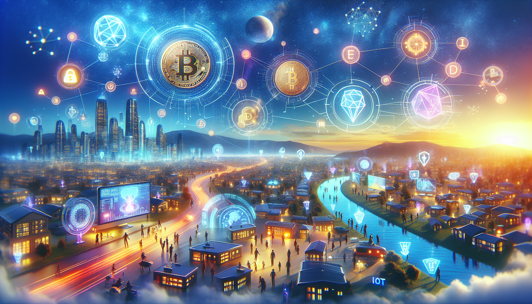 A captivating image idea to generate with DALL-E: A futuristic depiction portraying a virtual world where cryptocurrencies dominate. Blockchain technology intertwines with augmented reality and artificial intelligence, revolutionizing the way we perceive and interact with the crypto industry. Web 3.0 emerges as a dynamic force, empowering users with decentralized finance, secure peer-to-peer transactions, and unprecedented levels of transparency. The image showcases a seamless integration of cutting-edge technologies, showcasing a visionary realm where individuals can truly revolutionize their crypto experience.