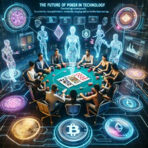 Unleash the Future of Poker with Blockchain Technology: A futuristic image featuring a virtual poker table set amidst a technologically advanced environment. The players are represented as holographic avatars, while transparent cards are being dealt automatically by smart contracts on the blockchain. The integration of blockchain technology ensures secured, transparent, and decentralized gameplay, revolutionizing the poker experience for enthusiasts worldwide.